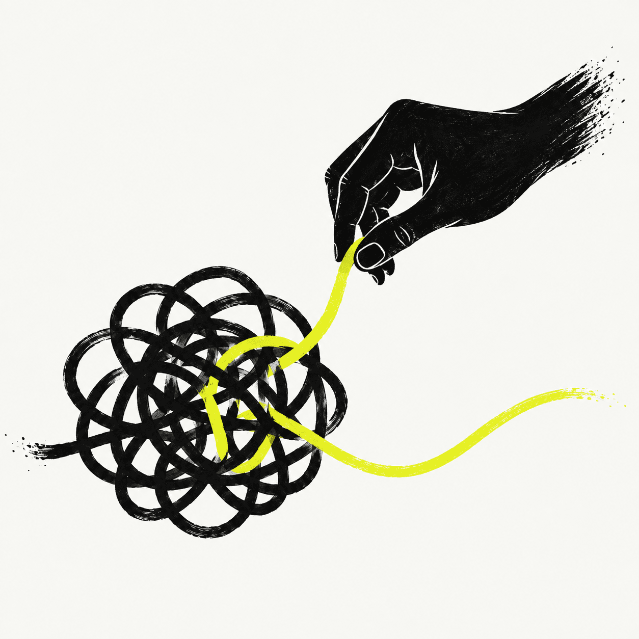 A hand draws a clear citron thread out of a tangled black line.
