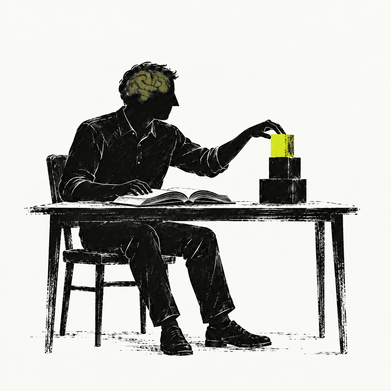 A thoughtful figure reads at a worktable, arranging black building blocks around one essential citron piece.